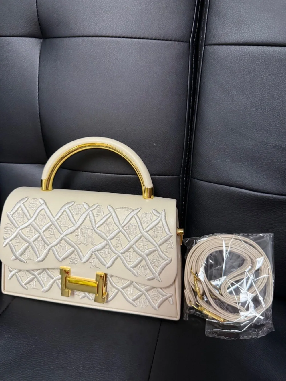 Ivory Embroidered Top Handle Handbag Gold Hardware Crossbody Purse